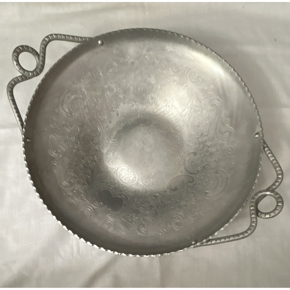 Round Floral Engraved Silver Metal Serving Tray with Handles, Approx. 12 in